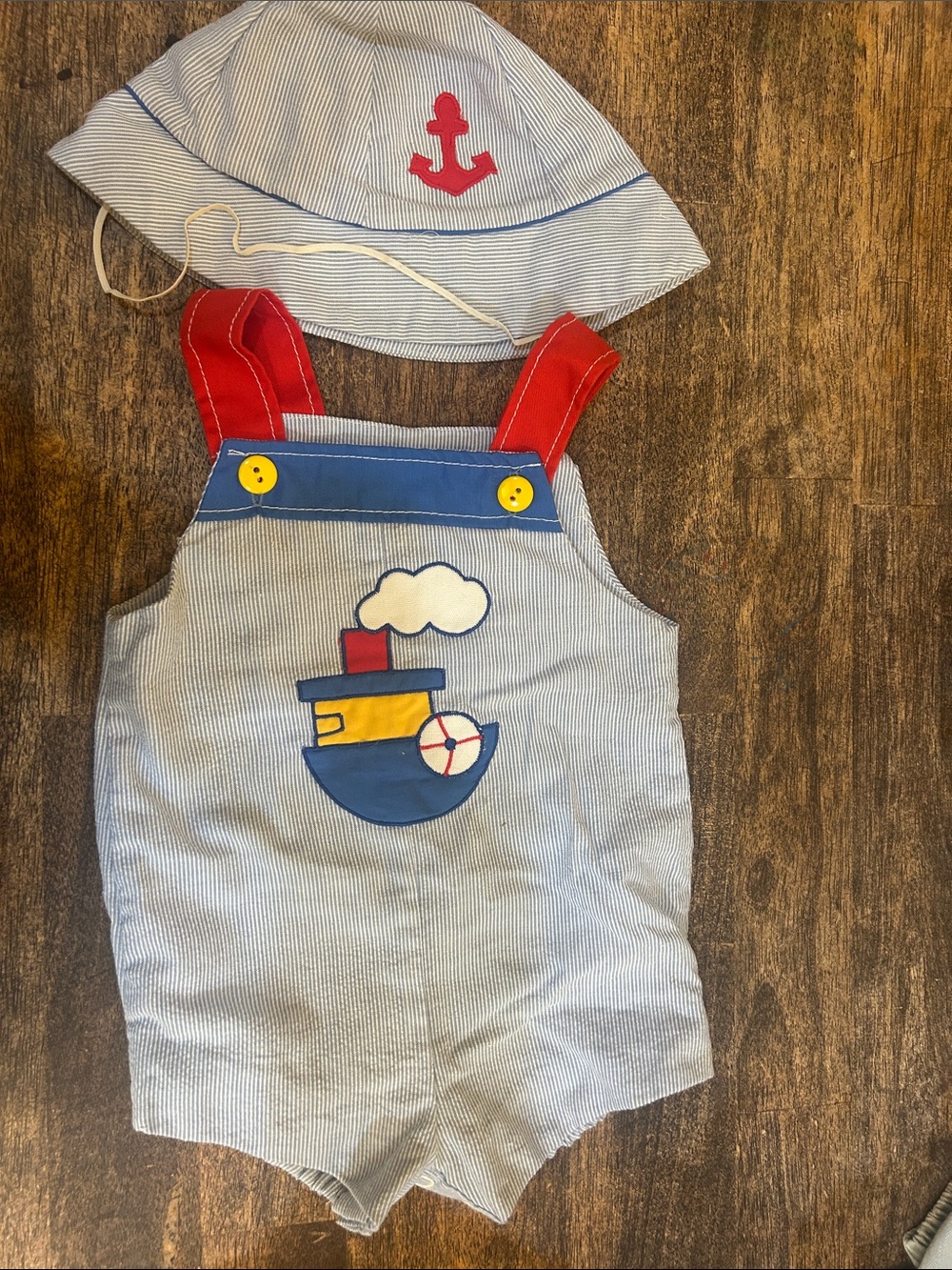 Nautical Boat Applique One-Piece Bodysuit with Hat - Blue & Red vintage